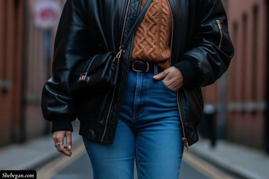 Leather Jacket, Knit Top and Dark Jeans