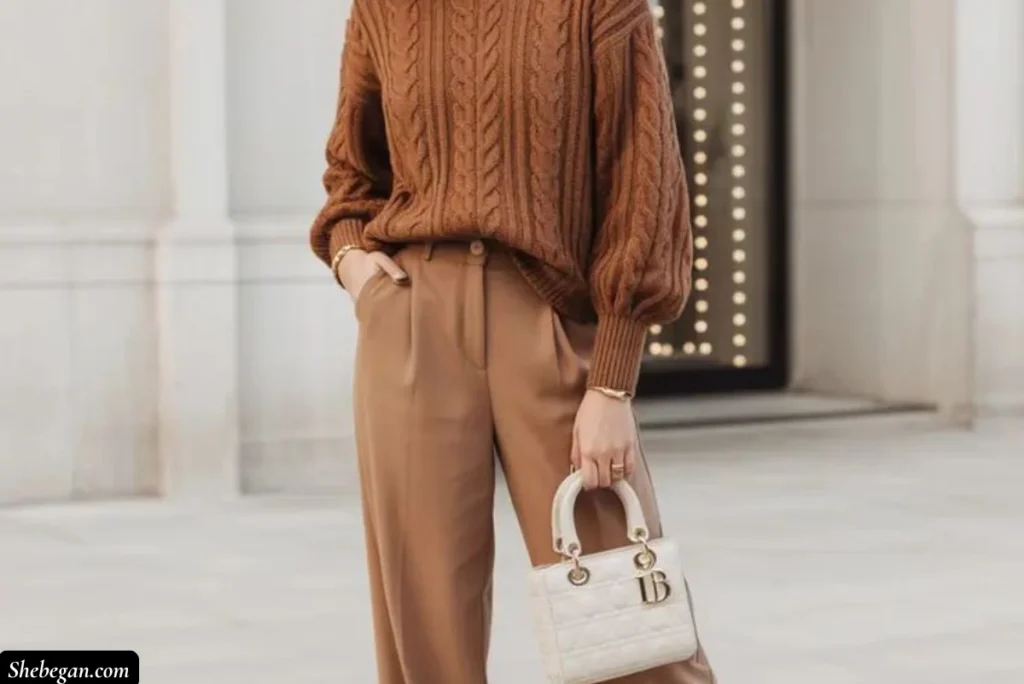A woman wearing Sweater and Wide-Leg Trousers