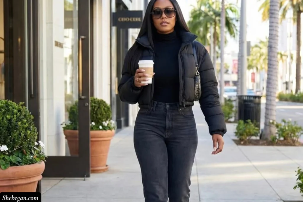A woman wearing Turtleneck, Jeans and a Puffer Jacket
