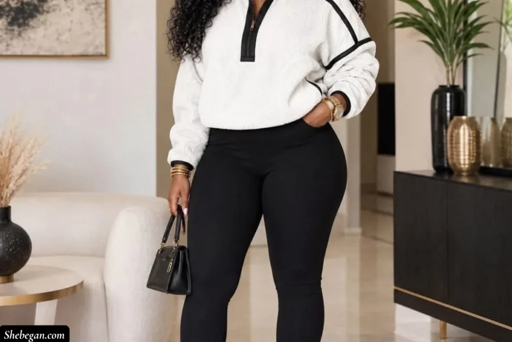 A woman wearing tshirt jacket and leggings