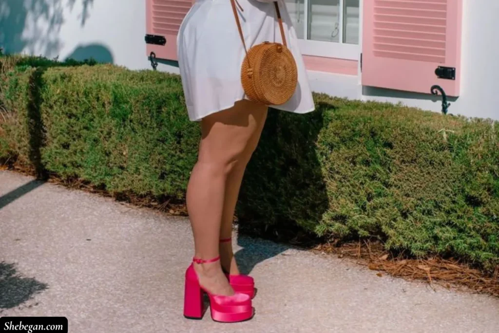 An older woman wearing hot pink heels
