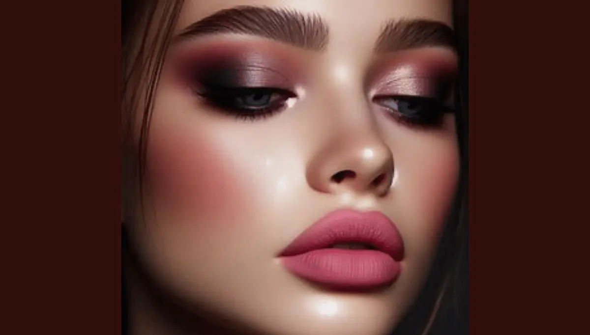 Pinky nude lips with grayish-purple eyeshadow